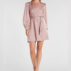 EXPRESS Satin Tie Waist Long Sleeve Dress Pink Size Small NWT